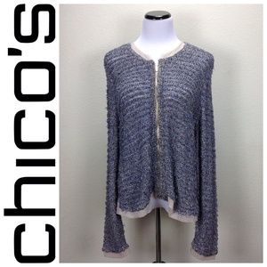Chico’s Blue & Cream Open Weave Bomber Jacket